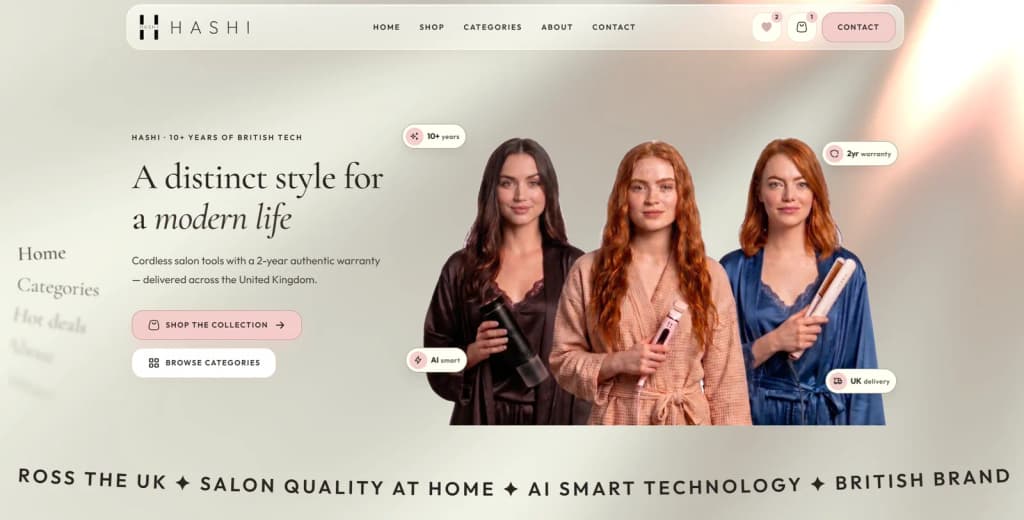 Hashi Official - British Smart Technology - UK storefront for Hashi’s cordless salon tools and smart lifestyle products, with category shopping, WhatsApp checkout, and a 2-year warranty story.