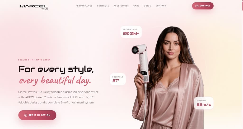 Marcel Waves - Luxury Hair Dryer - Landing page for Marcel Waves’ hair dryer, with smooth sections, video hero, animated transitions, contact form, SEO, and mobile-first UI.