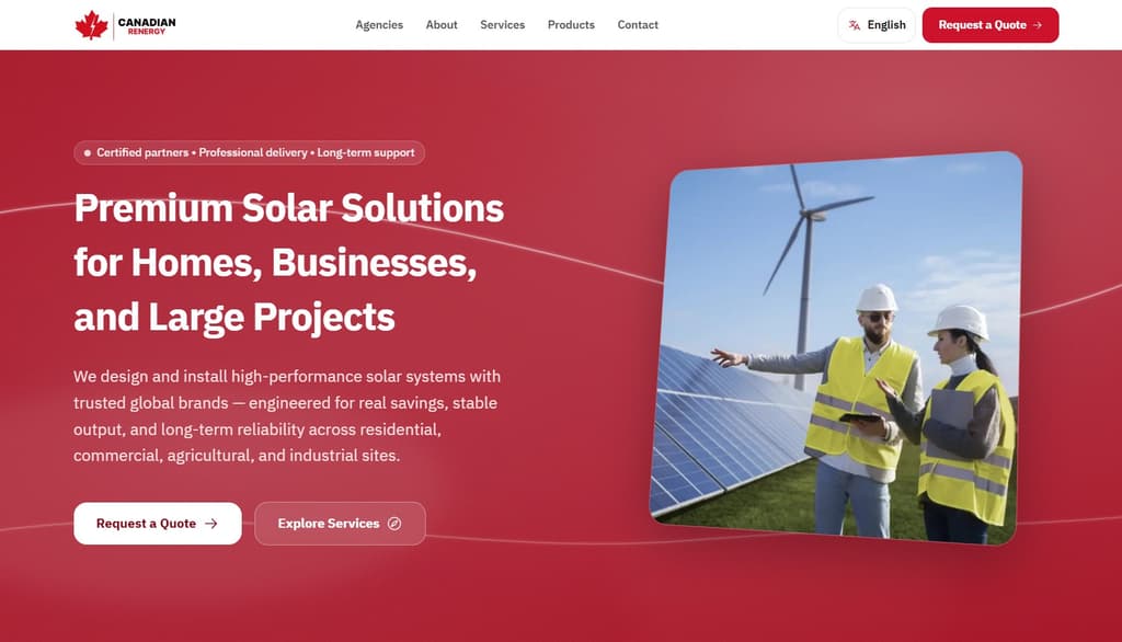 Canadian Renergy - Solar Energy Solutions - Multi-language landing page for Canadian Renergy with official certificates, smooth animations, contact form, and SEO-ready SSR.